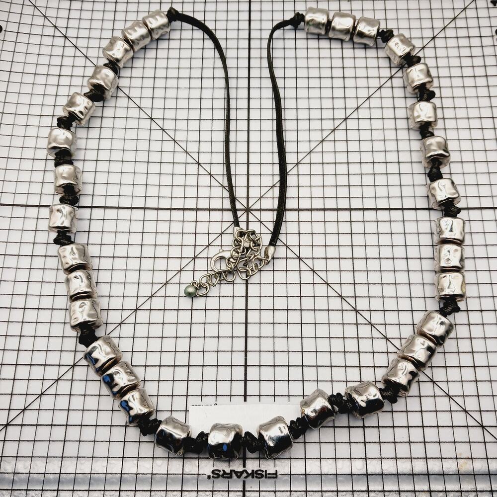 Necklace Chicos Cord Silver Tone Hammered Barrel Bead Statement Station Long 34"